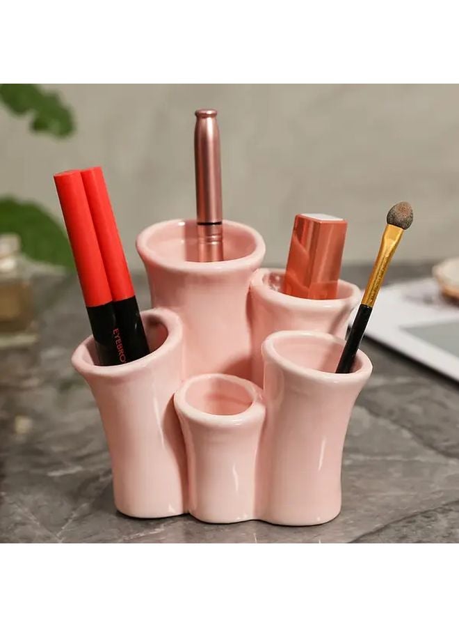 Pink Ceramic Toothbrush Holder And Makeup Brush Organizer With 65 Scenes Desktop Storage Box - Image 2